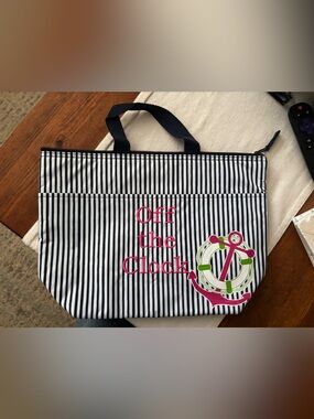 Thirty-One Thermal Tote Lunch Bag Navy White Stripe Insulated Tote NWOT